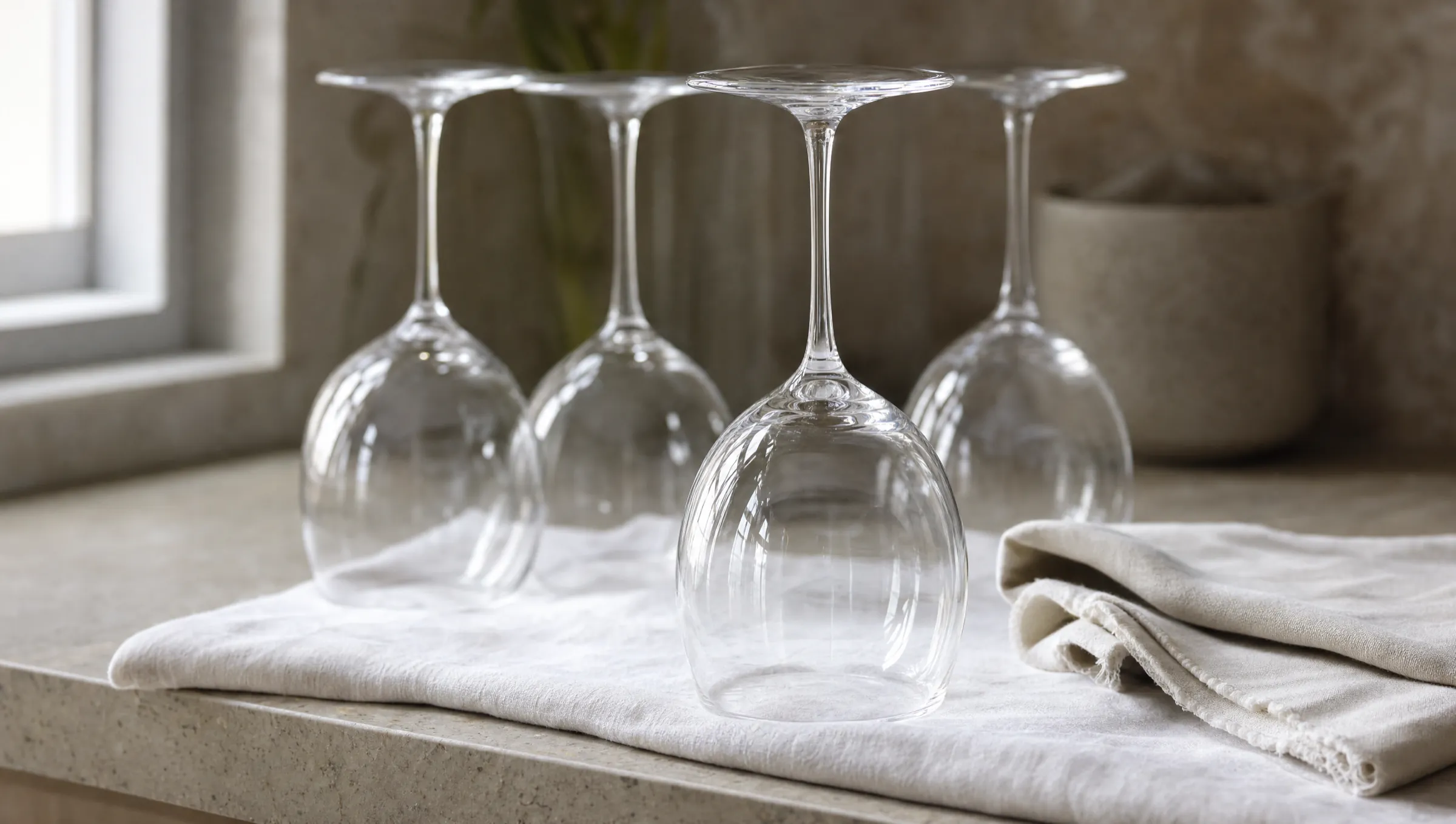 Freshly washed crystal wine glasses drying on a folded linen cloth beside a stone counter