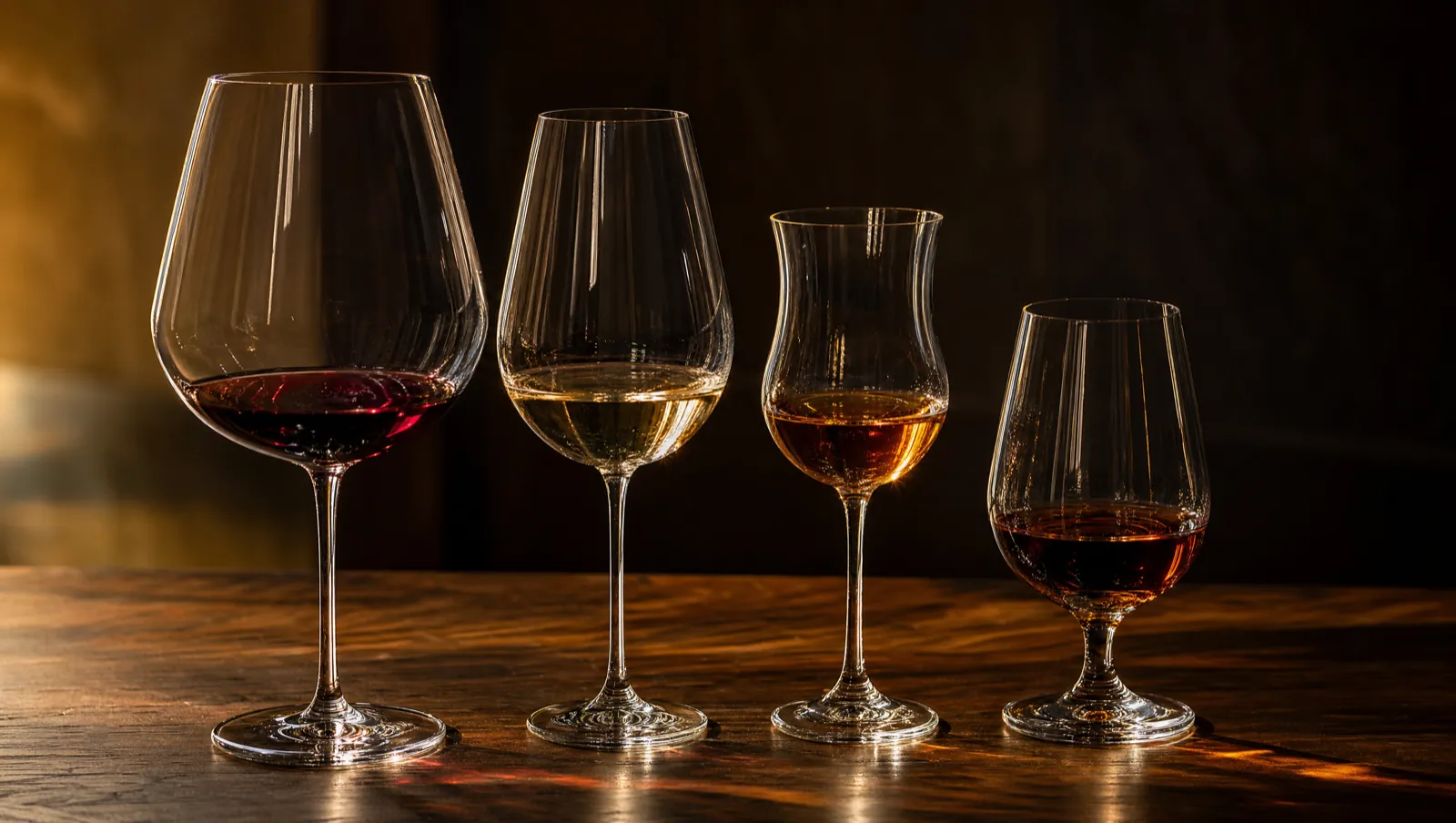 Four glass shapes on a dark walnut table holding red wine, white wine, dessert wine and tawny port