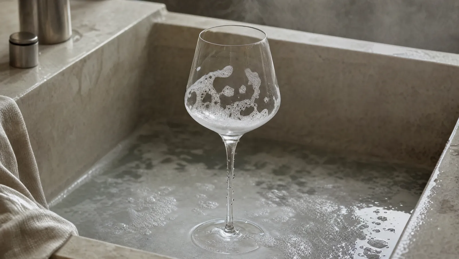 A thin-rimmed crystal wine glass standing in a stone sink of warm soapy water, with a linen cloth to one side