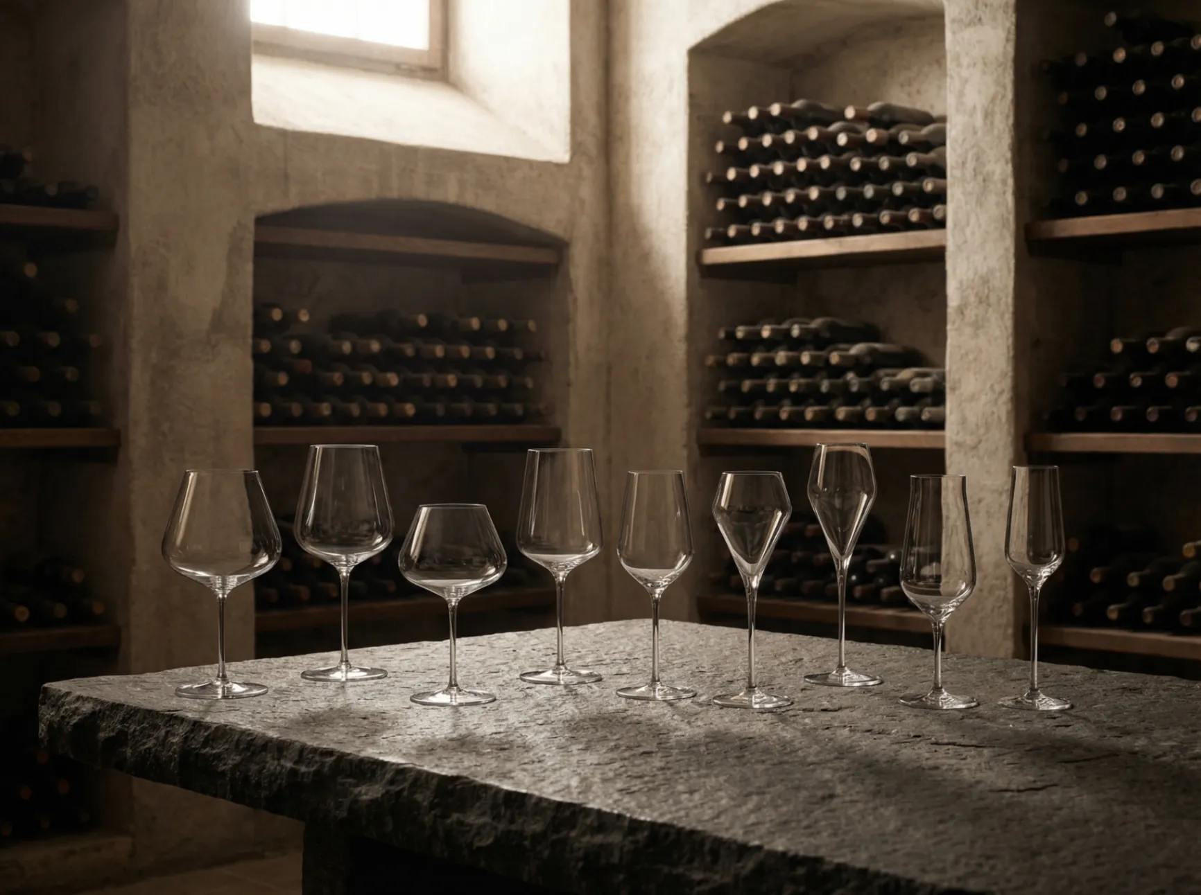 A range of mouth-blown wine glasses on a stone table in a candle-lit wine cellar